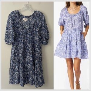 Xirena Dolly Popover Blue Floral Swing Mini Dress Cotton Silk Medium